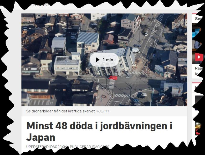 Minst 48 dda i jordbvningen i Japan. Bild: SVT.